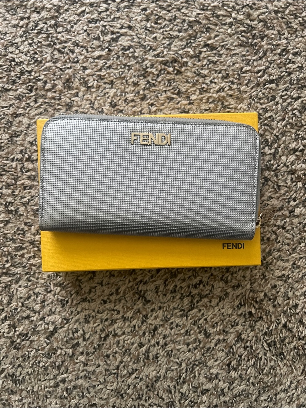 Fendi Metallic Silver Zip Wallet with Gold Logo